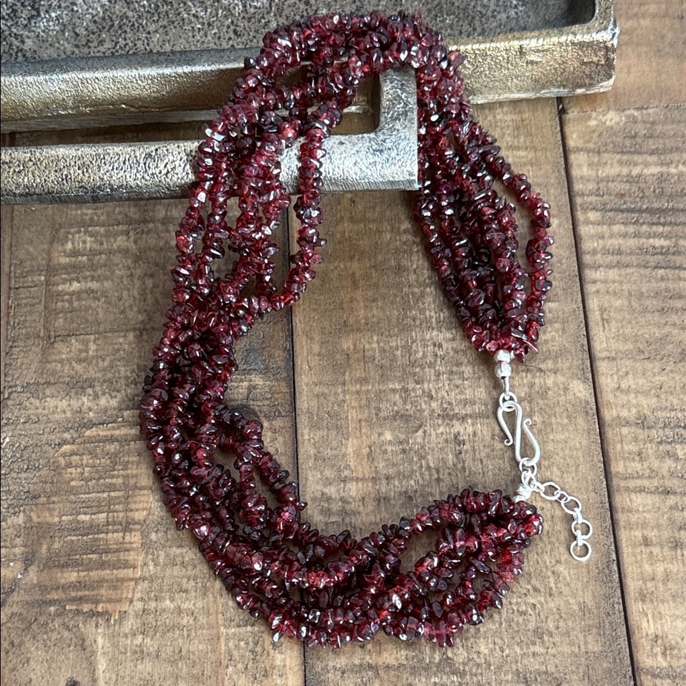 Genuine Garnet Multi Strand Necklace Sterling Silver Deep Red January Birthstone - Picture 3 of 8